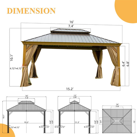 12'x16' aluminum gazebo with steel canopy, curtains, and netting for outdoor spaces.