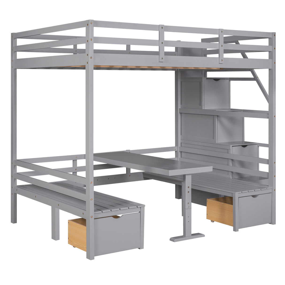 Full over Full Size Bunk Bed with staircase,the Down Bed can be Convertible to Seats and Table - Home Elegance USA