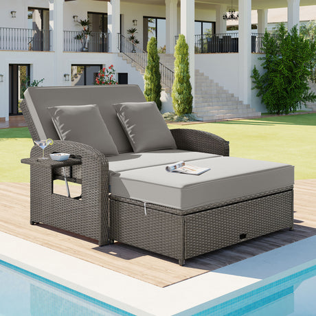 TOPMAX PE Wicker Rattan Double Chaise Lounge, 2-Person Reclining Daybed with Adjustable Back and Cushions, Free Furniture Protection Cover,Gray - Home Elegance USA