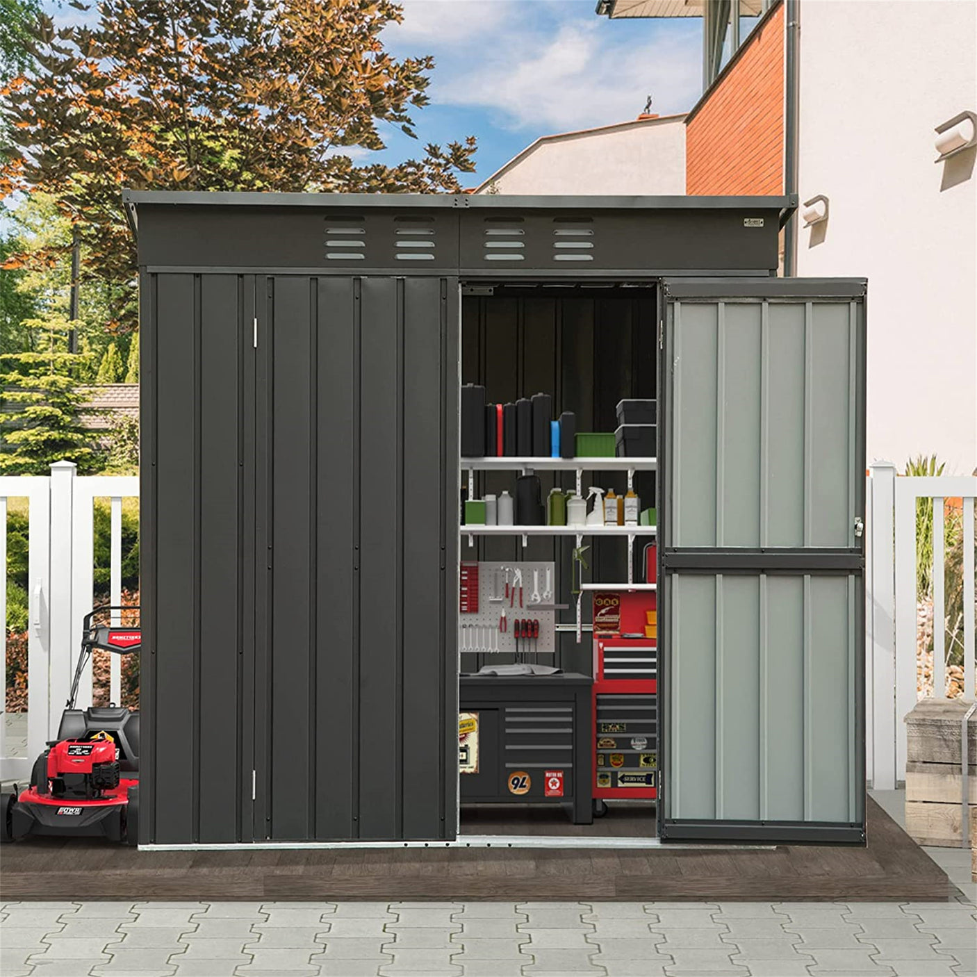 Backyard Storage Shed with Sloping Roof Galvanized Steel Frame Outdoor Garden Shed Metal Utility Tool Storage Room with Latches and Lockable Door (6.27x4.51ft, Black)