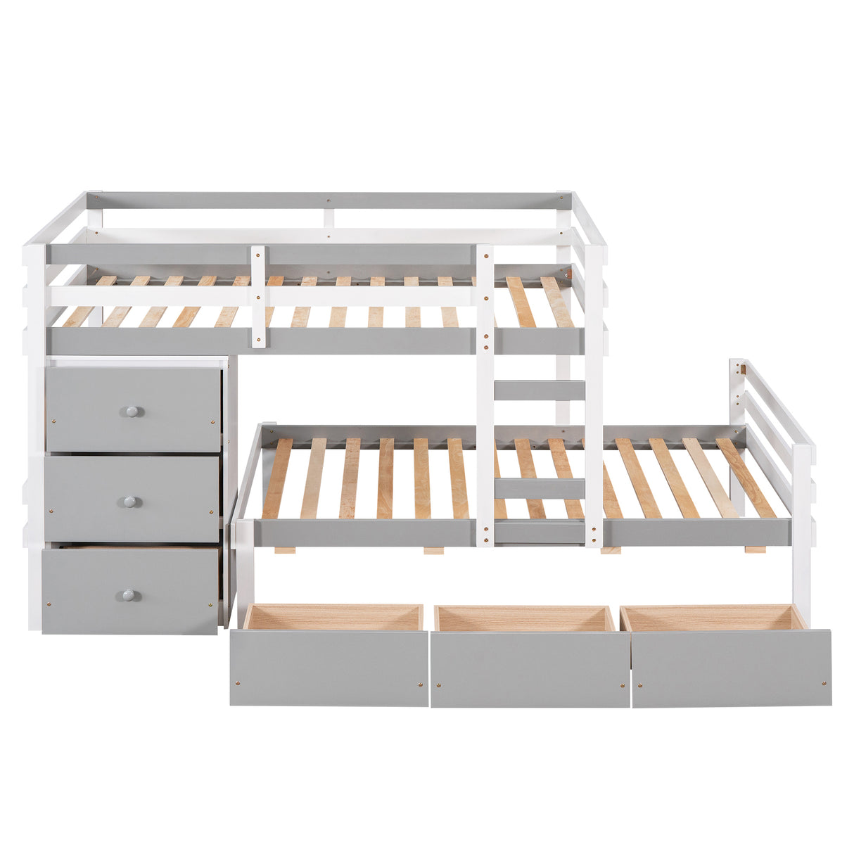 Twin over Twin Loft Bunk Bed with Drawers and Ladder, Gray - Home Elegance USA