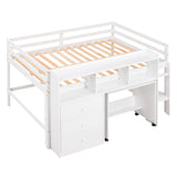 Full Size Low Loft Bed with Rolling Portable Desk, Drawers and Shelves,  White - Home Elegance USA