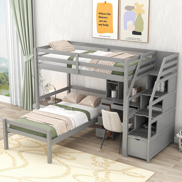 Twin Size Loft Bed with a Stand-alone Bed, Storage Staircase, Desk, Shelves and Drawers, Gray - Home Elegance USA