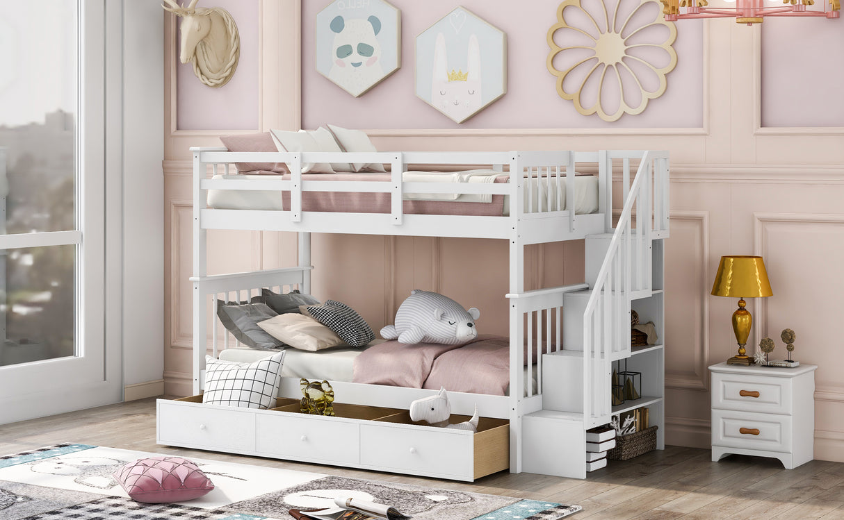 Stairway Twin-Over-Twin Bunk Bed with Three Drawers for Bedroom, Dorm - White(Old sku: LP000309AAK) - Home Elegance USA