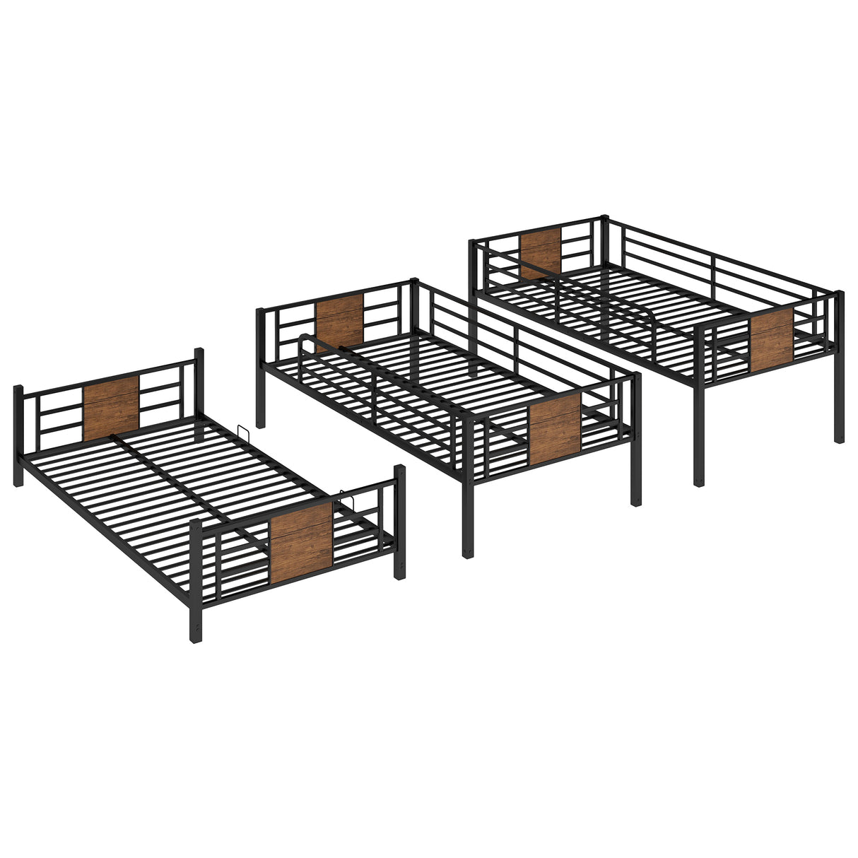 Twin Size Triple Metal Bunk Bed, with Wood Decoration Headboard and Footboard, Brown - Home Elegance USA