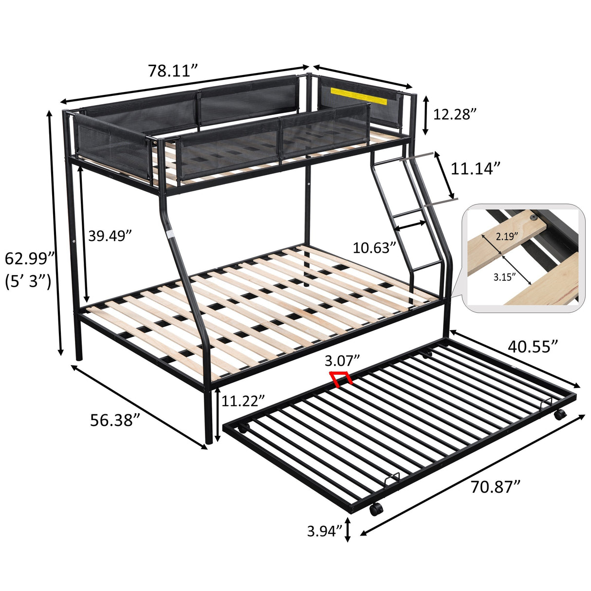 Twin over Full Metal Bunk Bed with Trundle (Wood Slat and Textilene Guardrail) - Home Elegance USA