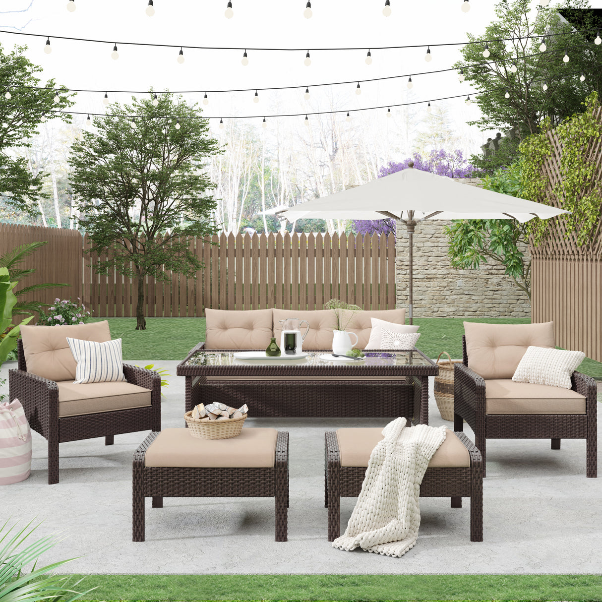 TOPMAX 6-Piece Outdoor Patio PE Wicker Rattan Sofa Set Dining Table Set with Removable Cushions and Tempered Glass Tea Table for Backyard, Poolside, Deck, Brown Wicker+Light Coffee Cushion