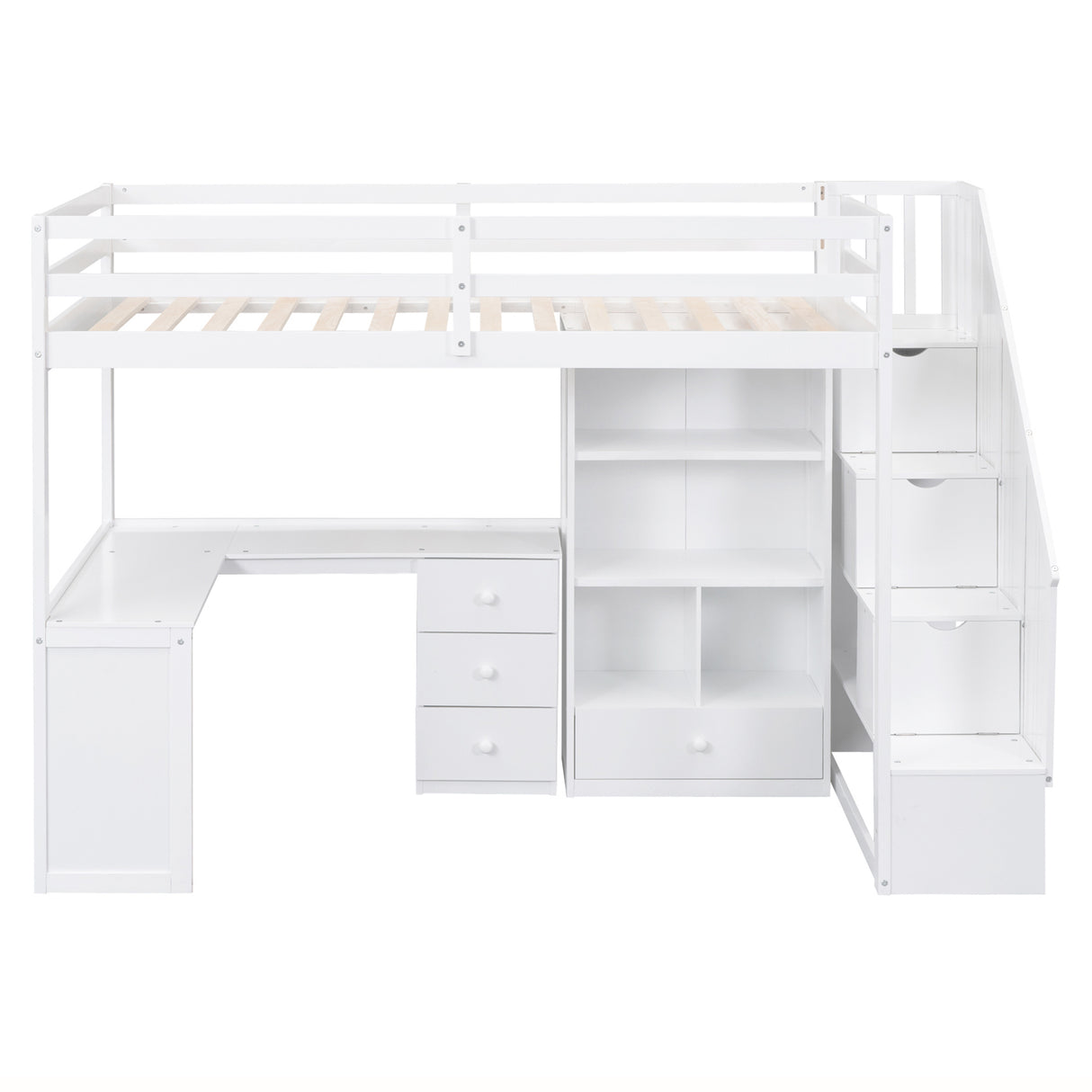 Twin Size Loft Bed with L-Shaped Desk and Drawers, Cabinet and Storage Staircase, White - Home Elegance USA