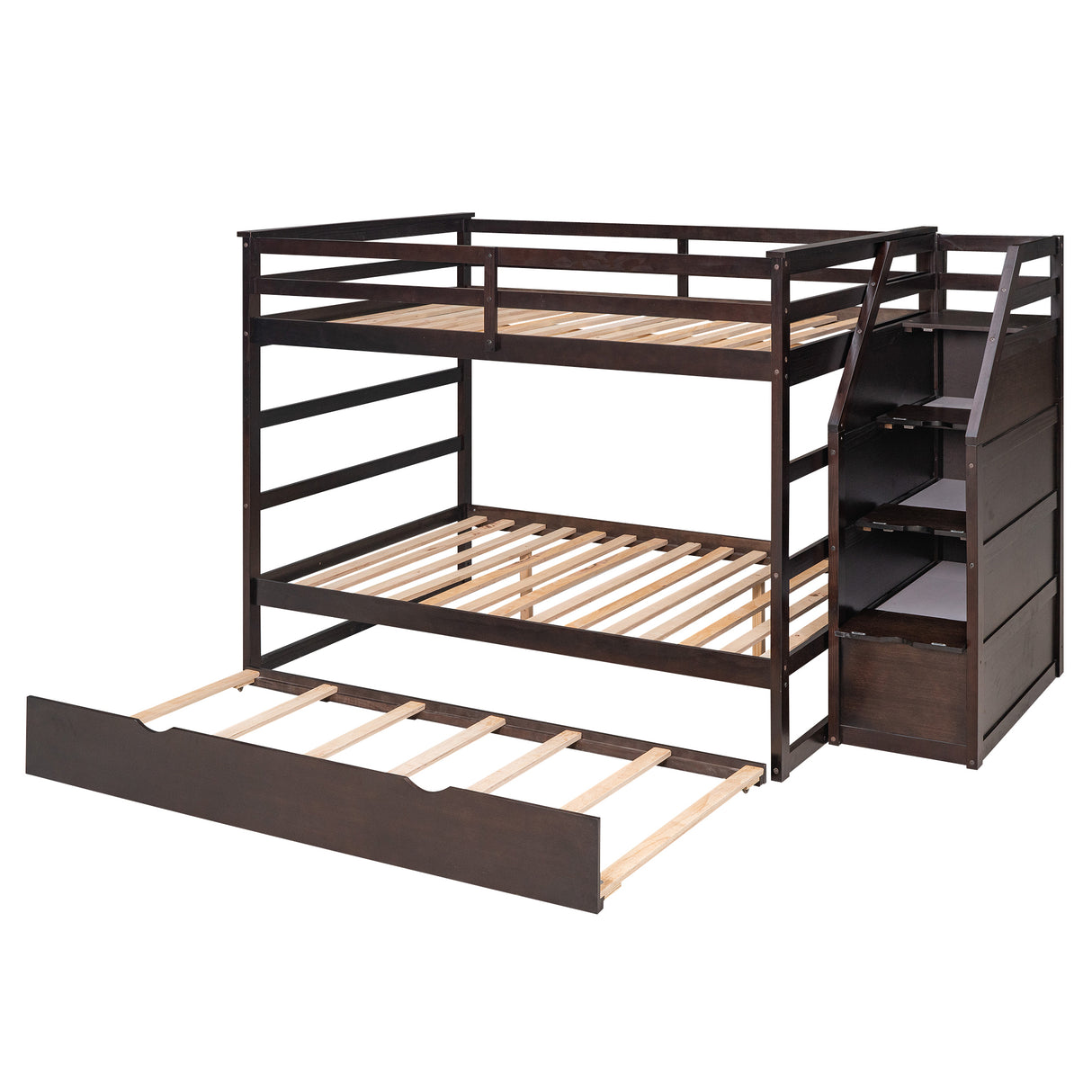 Full-over-Full Bunk Bed with Twin Size Trundle and 3 Storage Stairs,Espresso - Home Elegance USA