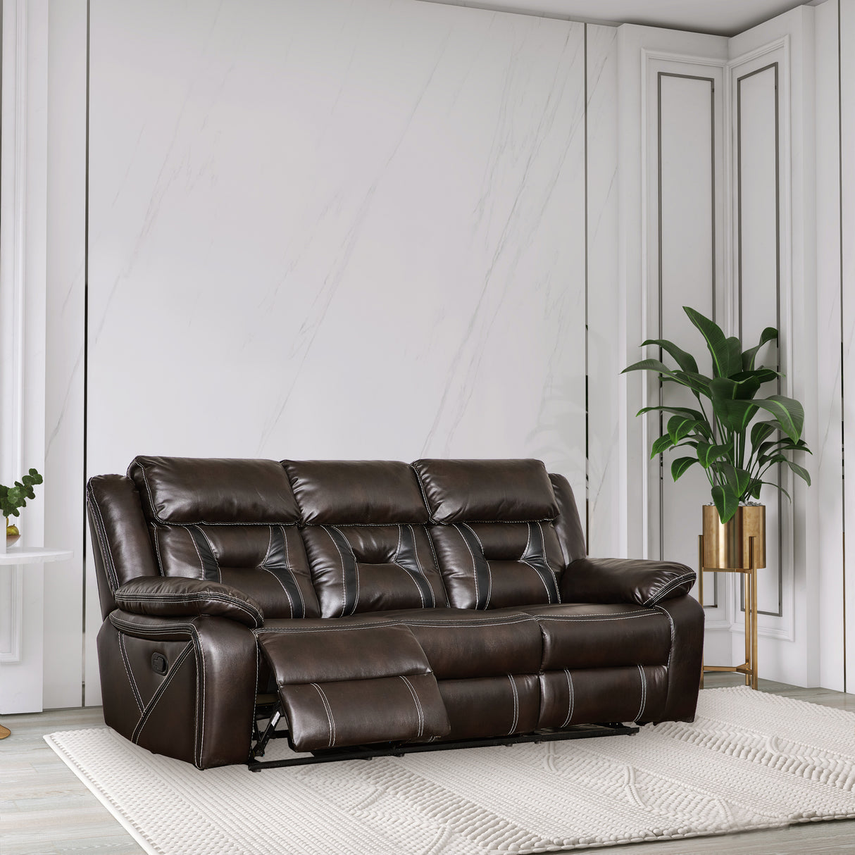 Reclining upholstered manual puller in faux leather, Brown 85.83*38.58*40.16 - Home Elegance USA