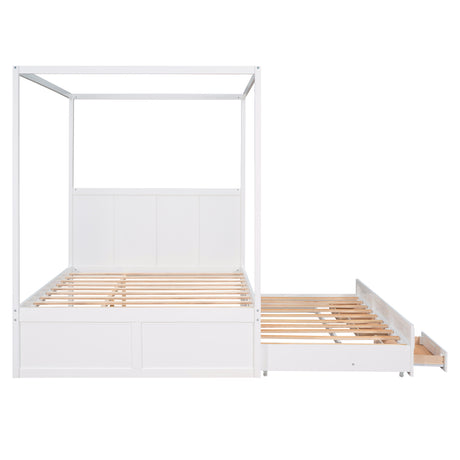 Queen Size Canopy Platform Bed with Twin Size Trundle and Three Storage Drawers,White - Home Elegance USA