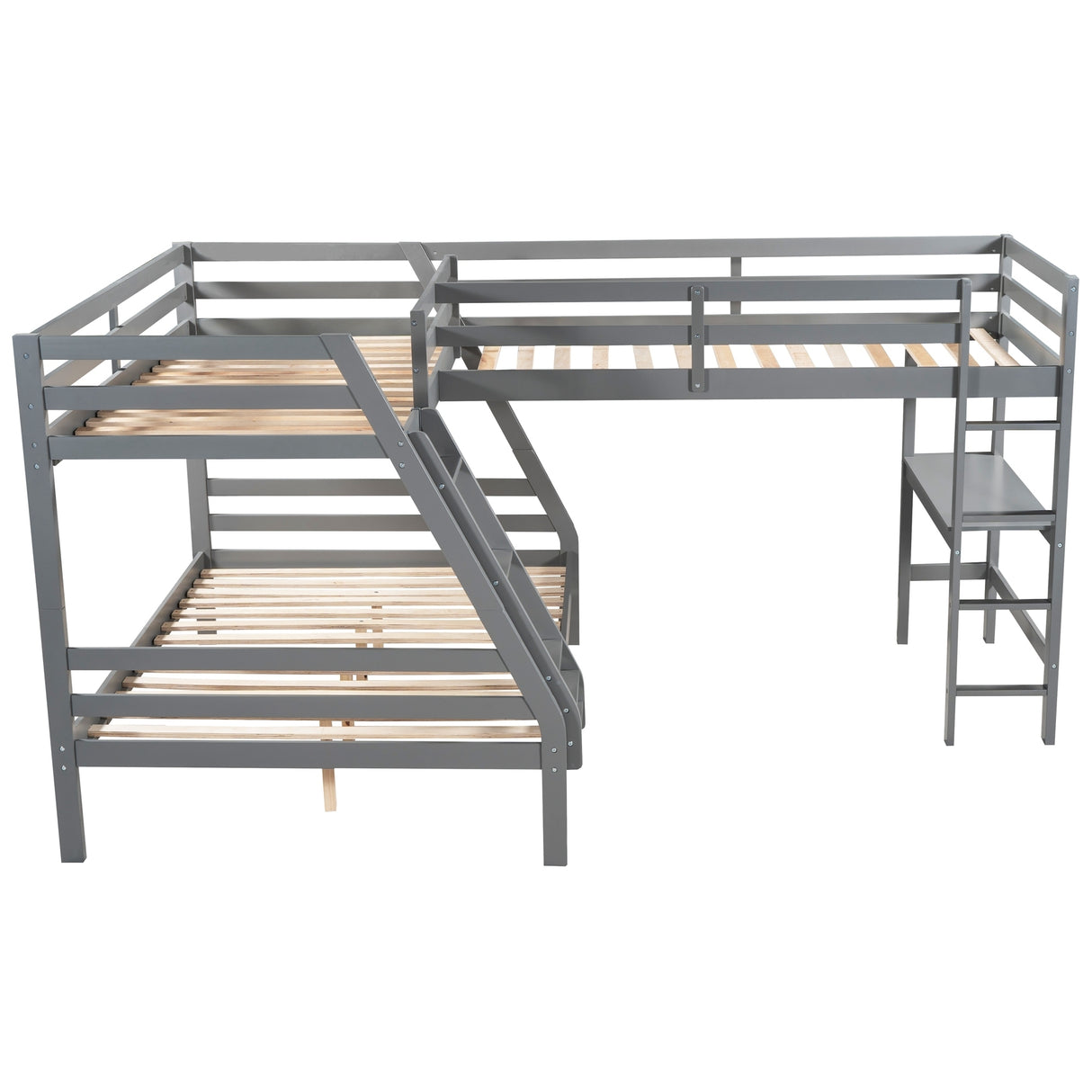 L-Shaped Twin over Full Bunk Bed and Twin Size Loft Bed with Built-in Desk,Gray - Home Elegance USA