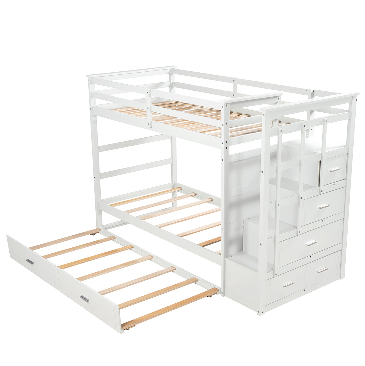 Solid Wood Bunk Bed, Hardwood Twin Over Twin Bunk Bed with Trundle and Staircase, Natural White Finish(OLD SKU :LP000068AAP) - Home Elegance USA