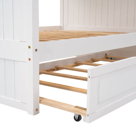 Full Over Full Bunk Bed with Twin Size Trundle, Pine Wood Bunk Bed with Guardrails, White （Old SKU:LP000044AAK）