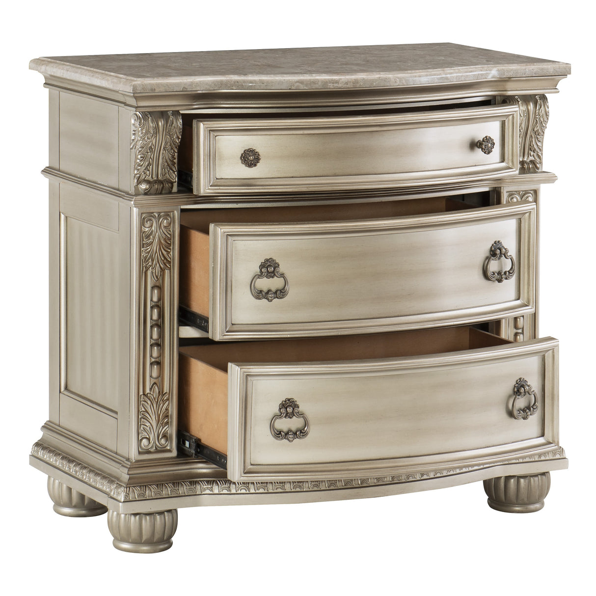 Silver Finish European Design 1pc Nightstand w Genuine Marble Top Traditional Bedroom Furniture - Home Elegance USA