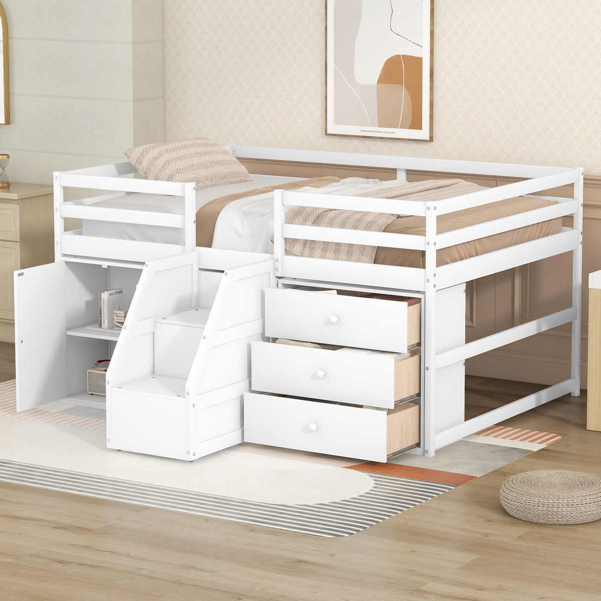 Full Size Functional Loft Bed with Cabinets and Drawers, Hanging Clothes at the back of the Staircase, White - Home Elegance USA