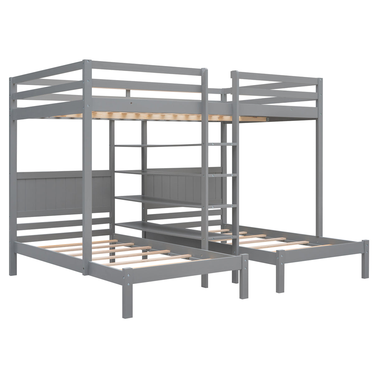 Full XL over Twin&Twin Bunk Bed with Built-in Four Shelves and Ladder,Gray - Home Elegance USA