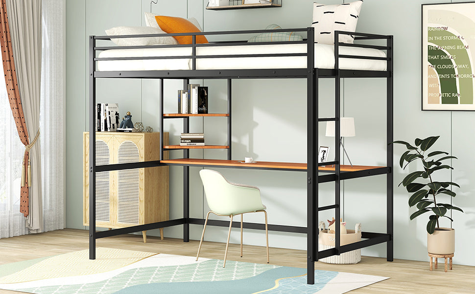 Full Metal Loft Bed with Desk and Shelve, Black - Home Elegance USA