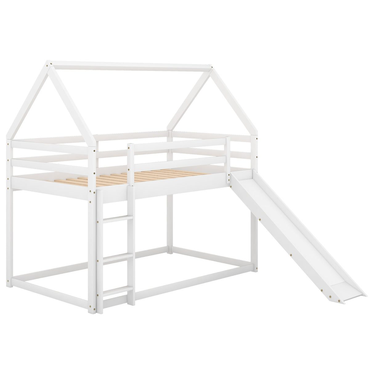 Twin Size Bunk House Bed with Slide and Ladder,White - Home Elegance USA