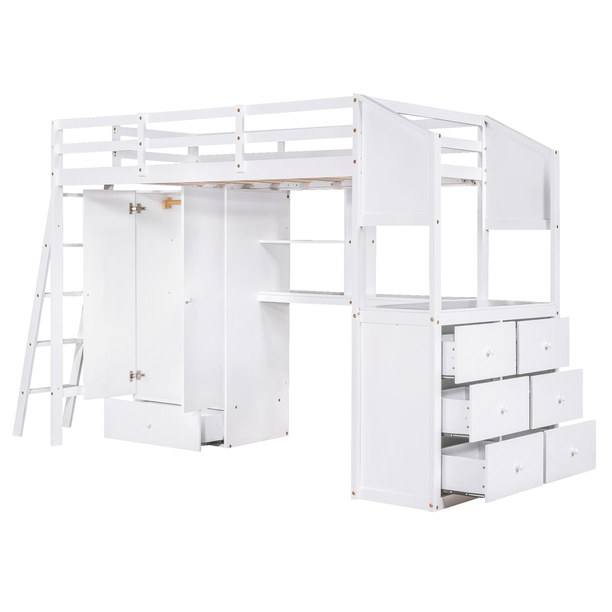 Twin Size Loft Bed with Wardrobe and Drawers, attached Desk with Shelves, White - Home Elegance USA