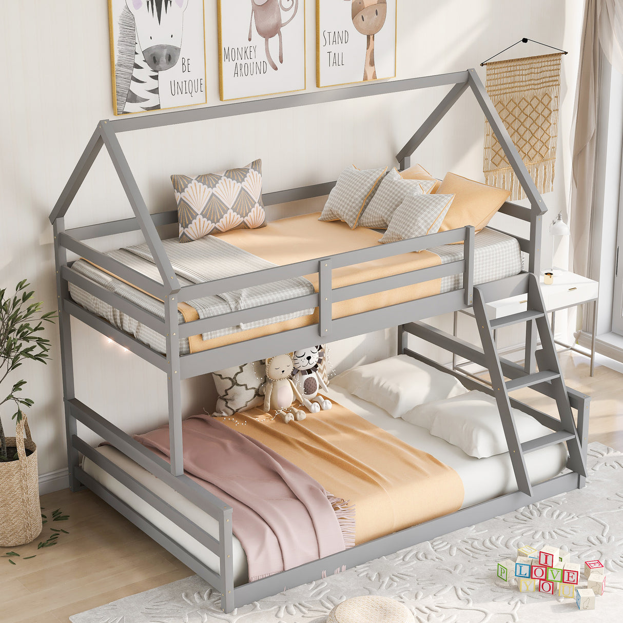 Twin over Full House Bunk Bed with Built-in Ladder,Gray - Home Elegance USA