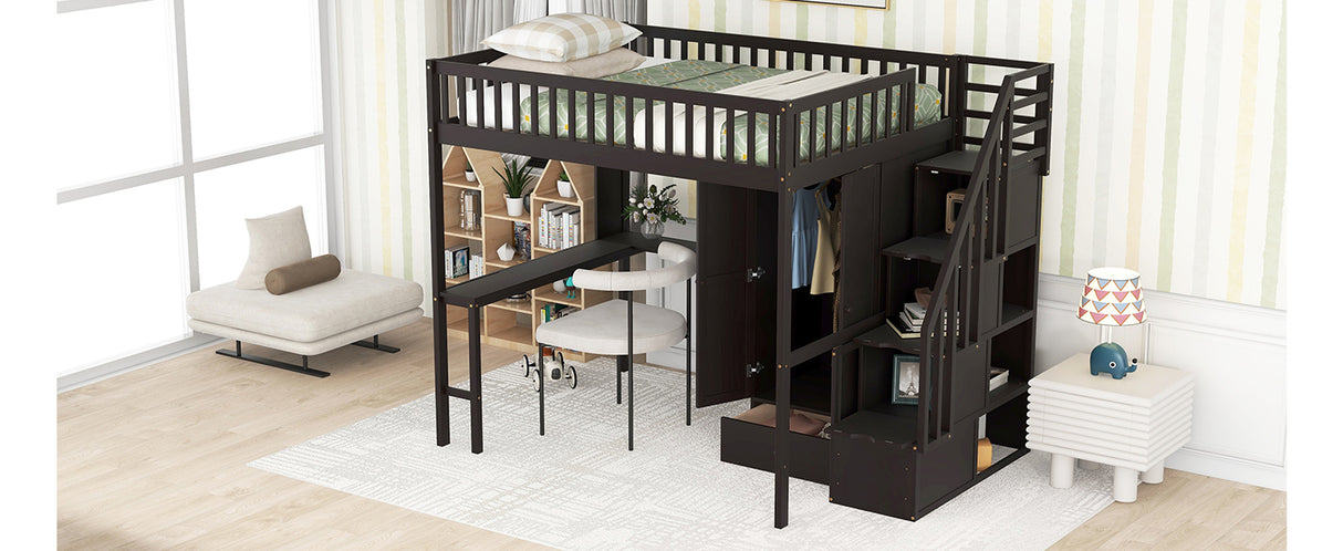 Full size Loft Bed with Bookshelf,Drawers,Desk,and Wardrobe-Espresso - Home Elegance USA