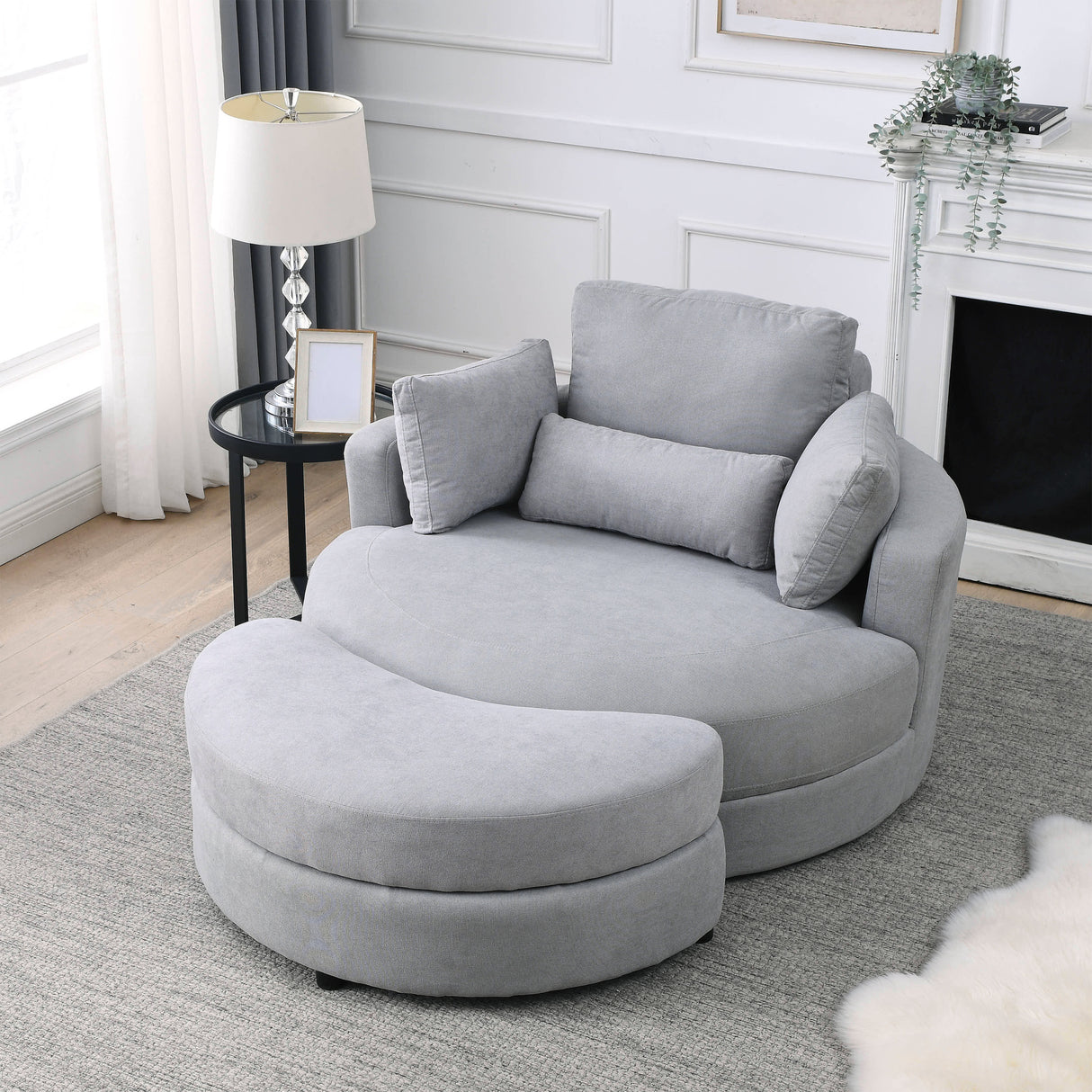 [Video] Welike Swivel Accent Barrel Modern Grey Sofa Lounge Club Big Round Chair with Storage Ottoman Linen Fabric for Living Room Hotel with Pillows .2PCS Home Elegance USA