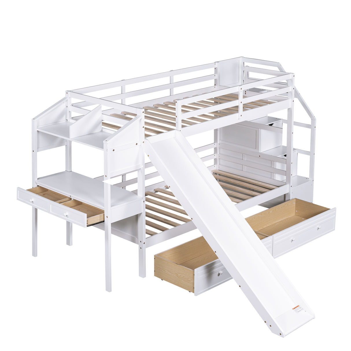 Twin over Twin Bunk Bed with Storage Staircase, Slide and Drawers, Desk with Drawers and Shelves, White - Home Elegance USA