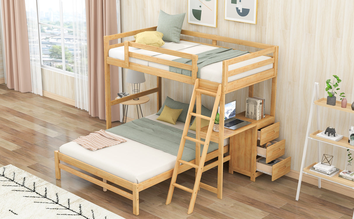 Twin over Full Bunk Bed with Built-in Desk and Three Drawers,Natural - Home Elegance USA