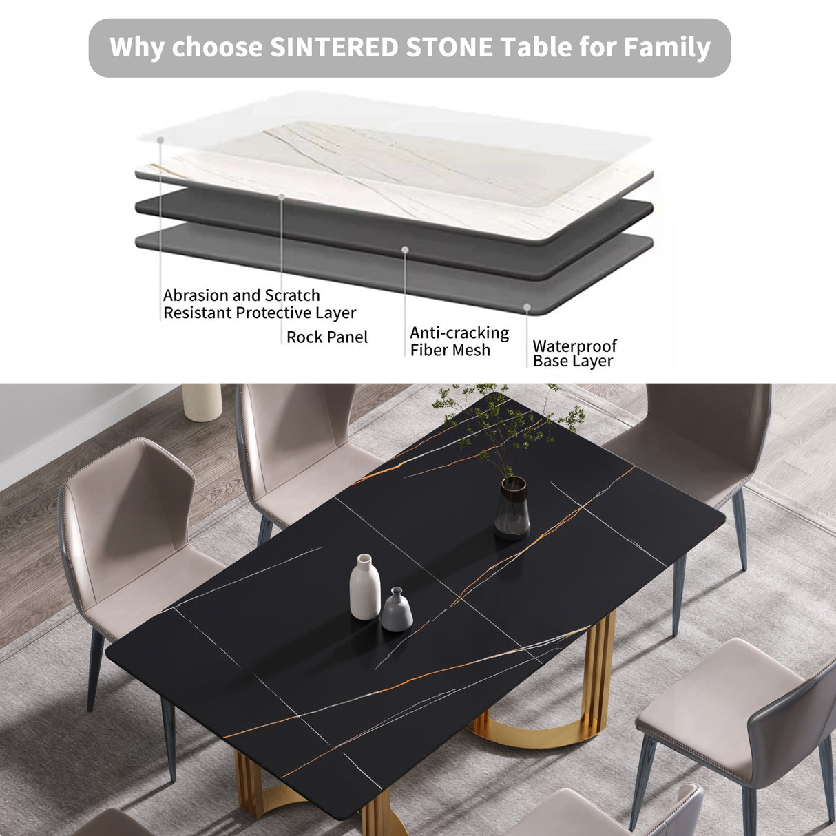 63"Modern artificial stone black straight edge golden metal leg dining table - 6 people - W1535S00074 - image - 9