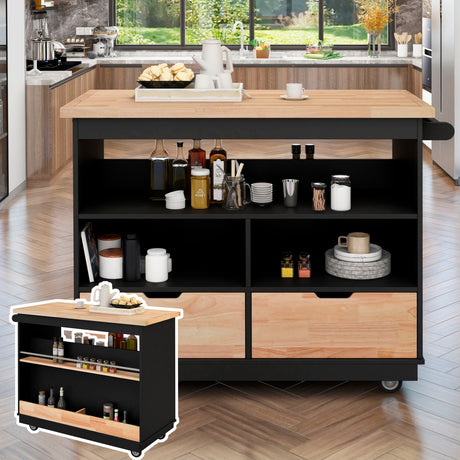 Kitchen Cart Rolling Mobile Kitchen Island Solid Wood Top, Kitchen Cart With 2 Drawers,Tableware Cabinet（Black） - Home Elegance USA