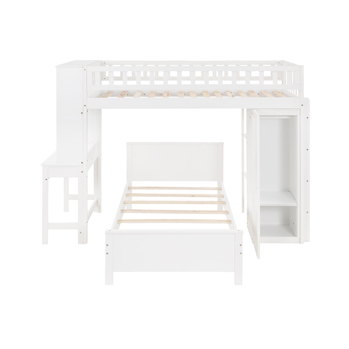 Twin Size Loft Bed with Closet and Desk, Extra Bottom Twin Bed, White - Home Elegance USA