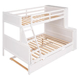 Twin over Full Bunk Bed with Trundle and Shelves, can be Separated into Three Separate Platform Beds, White - Home Elegance USA