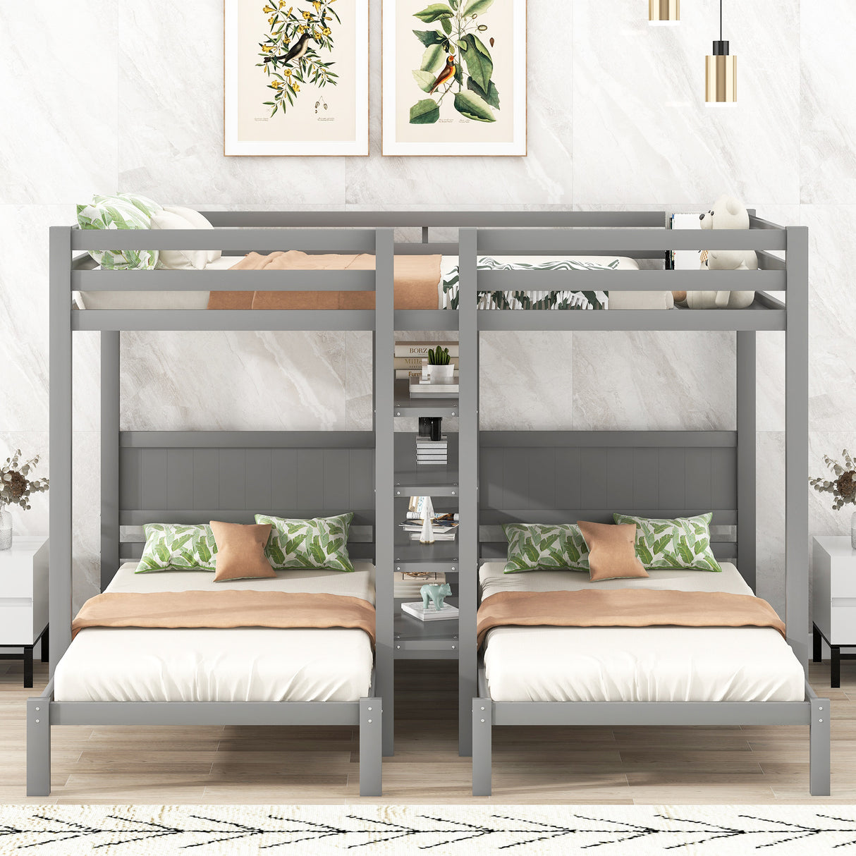 Full XL over Twin&Twin Bunk Bed with Built-in Four Shelves and Ladder,Gray - Home Elegance USA