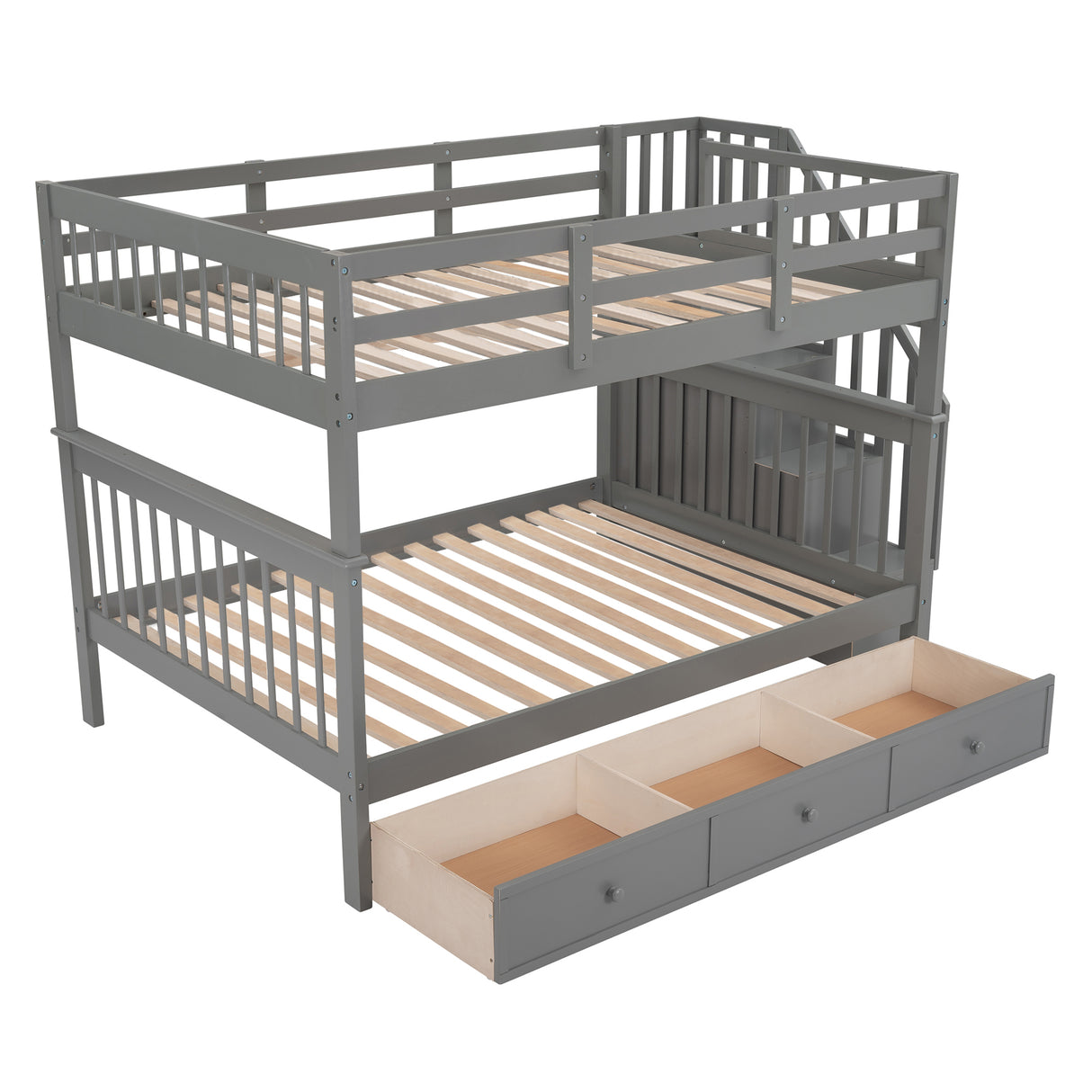 Stairway Full-Over-Full Bunk Bed with Drawer, Storage and Guard Rail for Bedroom, Gray color( old sku: LP000310AAE ) - Home Elegance USA