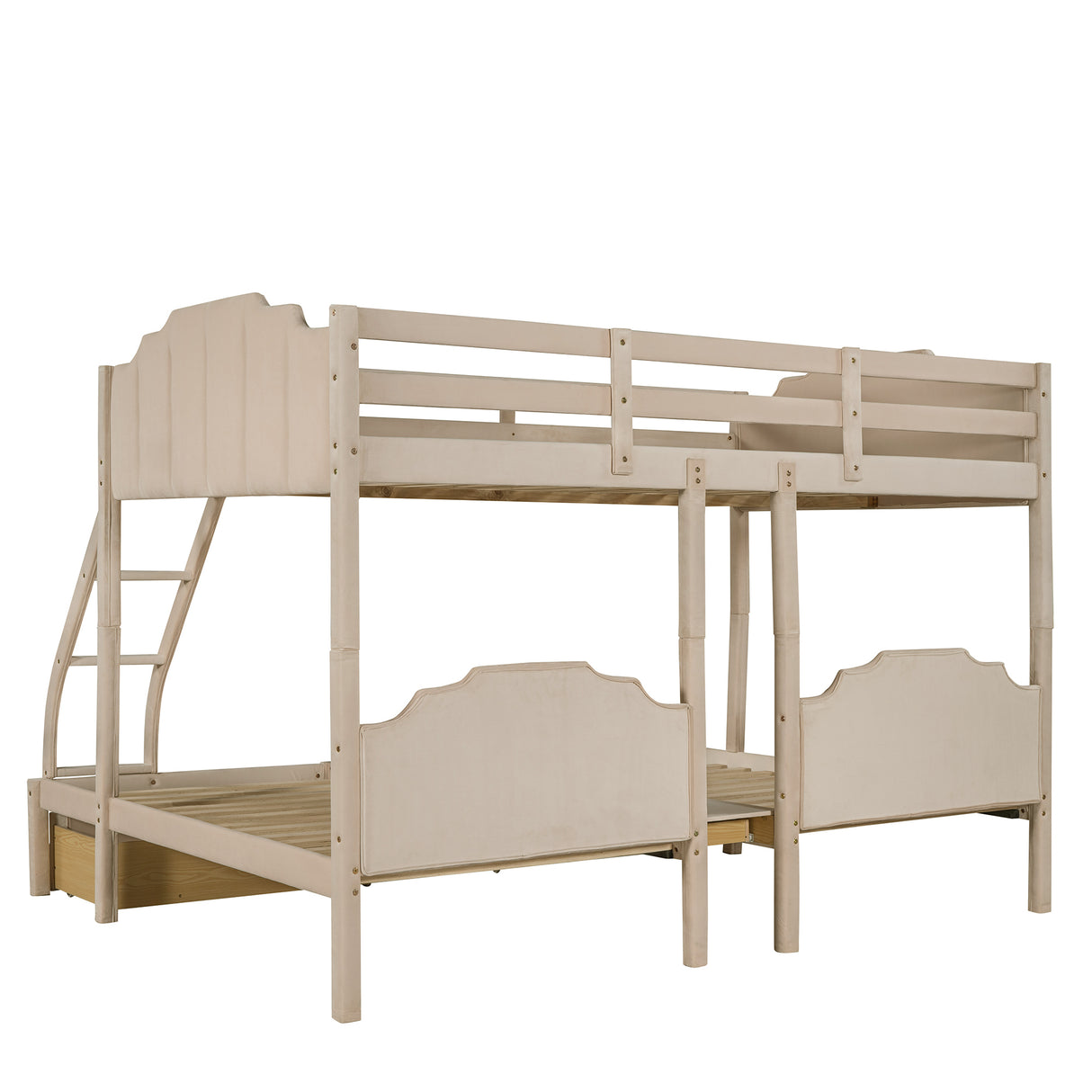 Full Over Twin & Twin Bunk Bed, Velvet Triple Bunk Bed with Drawers and Guardrails, Beige - Home Elegance USA