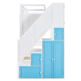 Twin Over Twin Bunk Bed with Trundle ,Stairs,Ladders Solid Wood Bunk bed with Storage Cabinet （White + Blue） - Home Elegance USA