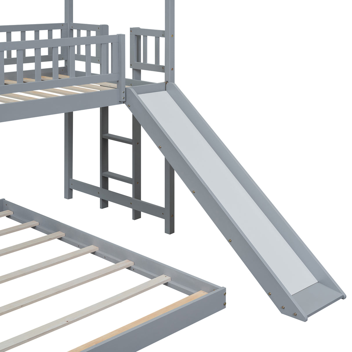 Twin over Full House Bunk Bed with Slide and Built-in Ladder, Full-Length Guardrail, Gray (Expected Arrival Time:8.10) - Home Elegance USA