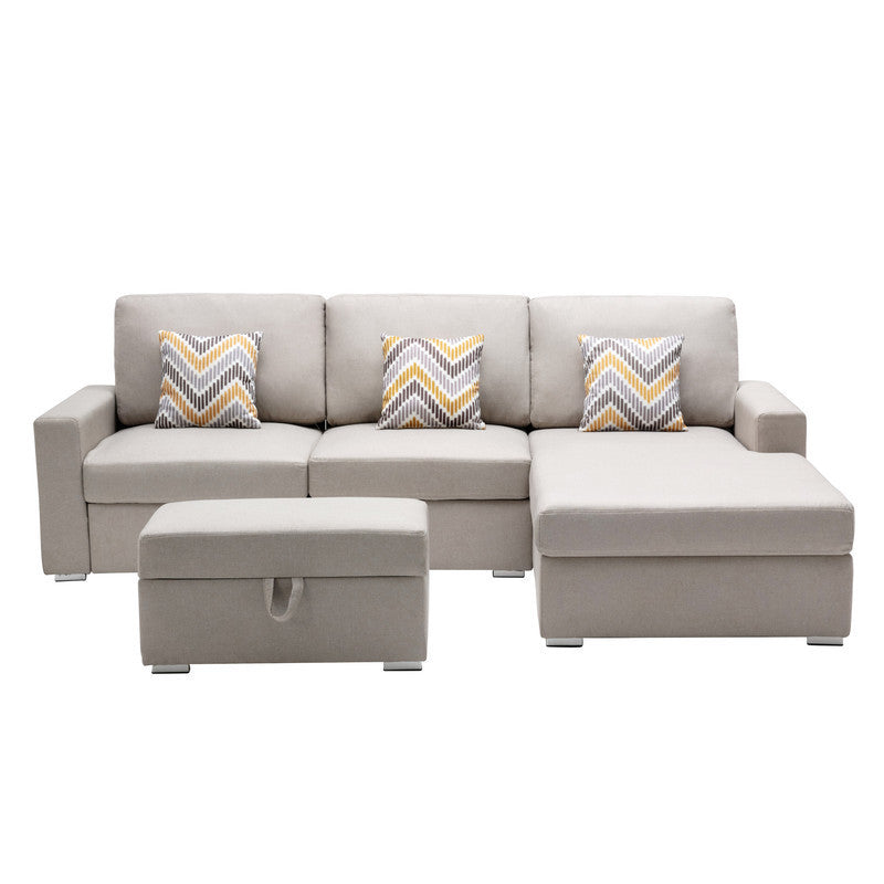 Nolan Beige Linen Fabric 4Pc Reversible Sofa Chaise with Interchangeable Legs, Storage Ottoman, and Pillows - Home Elegance USA