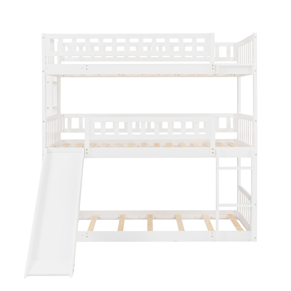 Twin-Over-Twin-Over-Twin Triple Bed with Built-in Ladder and Slide, Triple Bunk Bed with Guardrails, White(OLD SKU: LP000051AAK) - Home Elegance USA