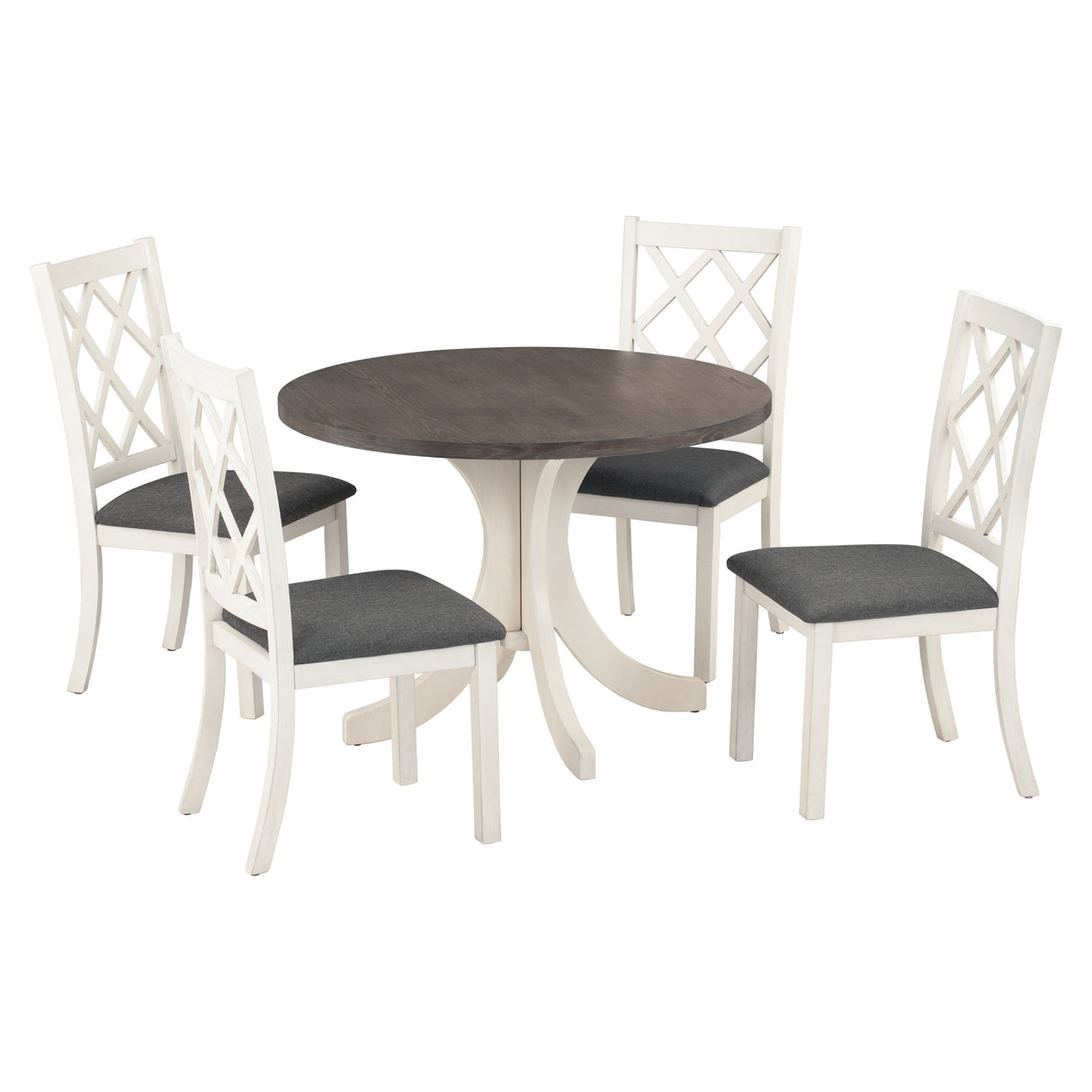 TOPMAX Mid-Century Solid Wood 5-Piece Round Dining Table Set, Kitchen Table Set with Upholstered Chairs for Small Places, Brown Table+Gray Chair - Home Elegance USA