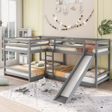 Full and Twin Size L-Shaped Bunk Bed with Slide and Short Ladder,Gray - Home Elegance USA