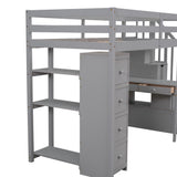 Twin size Loft Bed with Storage Drawers ,Desk and Stairs, Wooden Loft Bed with Shelves - Gray - Home Elegance USA