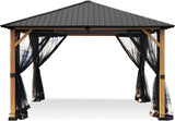 12 ft. x 12 ft. Wood Grain Metal Outdoor Patio Gazebo with Metal Roof, Mosquito Netting