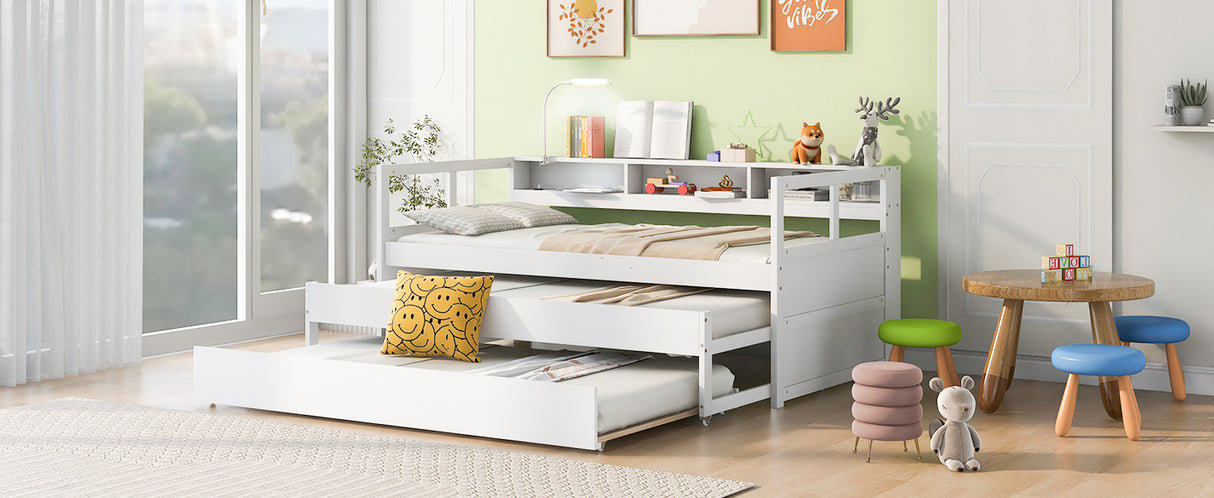 Twin XL Wood Daybed with 2 Trundles, 3 Storage Cubbies, 1 Light for Free and USB Charging Design, White - Home Elegance USA