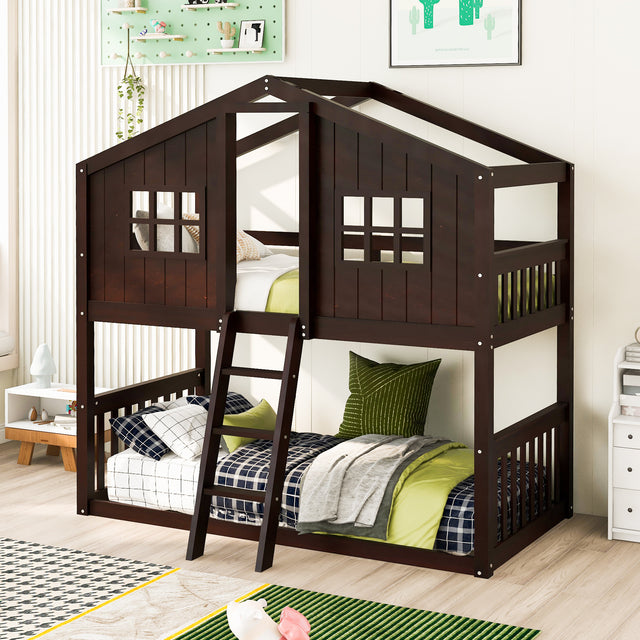 Twin Over Twin House Bunk Bed With Ladder, Wood Bed-Espresso - Home Elegance USA