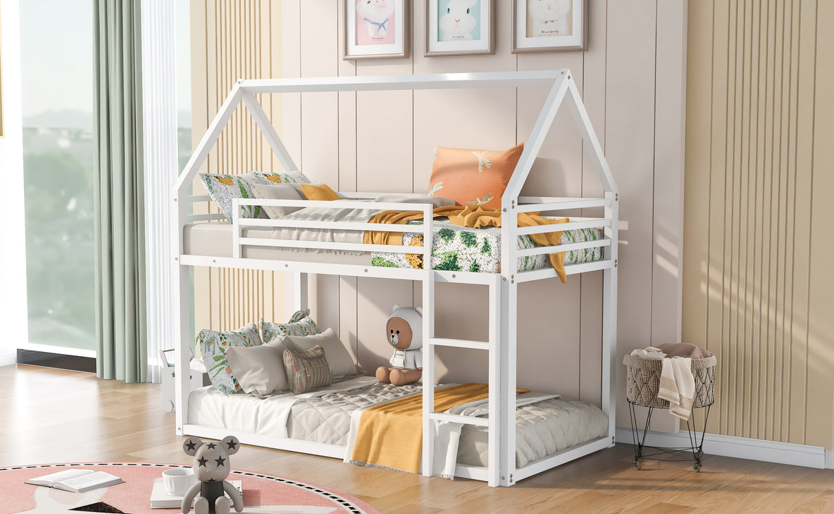 Twin over Twin House Bunk Bed with Built-in Ladder,White - Home Elegance USA