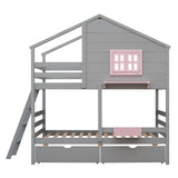 Twin over Twin Bunk Bed with 2 Drawers, 1 Storage Box, 1 Shelf, Window and Roof-Gray(OLD SKU:LT000608AAE) - Home Elegance USA