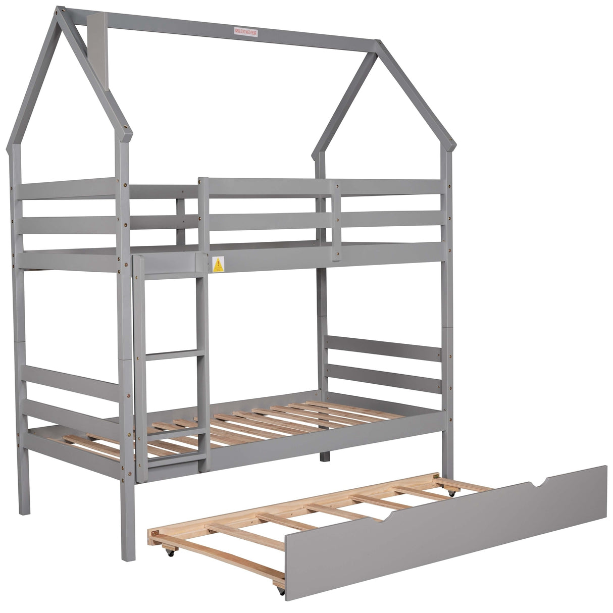 Twin over Twin House Bunk Bed with Trundle and Chimney Design,Gray - Home Elegance USA