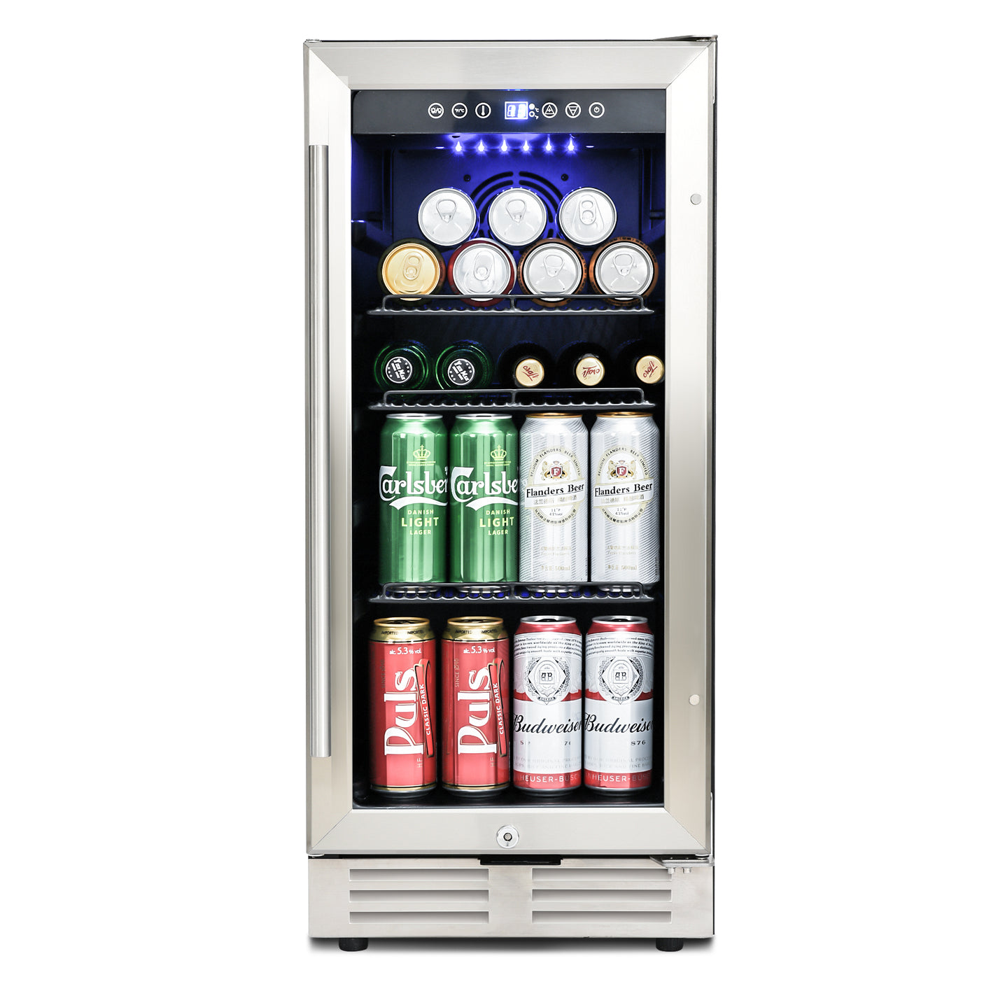 Built-in and Freestanding 15" Mini Beverage Refrigerator/Wine Cabinet, 120 Cans, 34-65°F, Quiet, Adjustable Shelves, LED Lighting, ETL , Touch Controls, Defrost, Double Glass Door, Kitchen/Bar /office